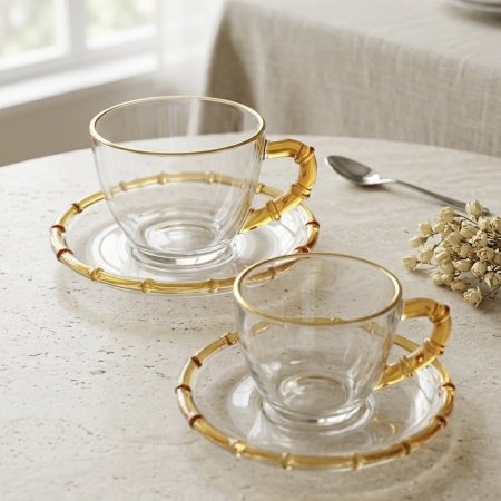 طقم فناجين شاي وقهوة زجاج مع إطار عسلي